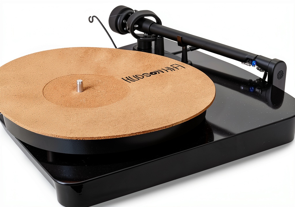 Hudson Hi-Fi cork slipmat placed on a turntable in a studio setting